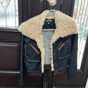 Steve Madden Blue and Cream Jean Jacket with Shearling Collar - from revolve